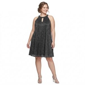 Nine West Womens XXL Black Silver Metallic Halter Keyhole Shift Dress Glam 2XL